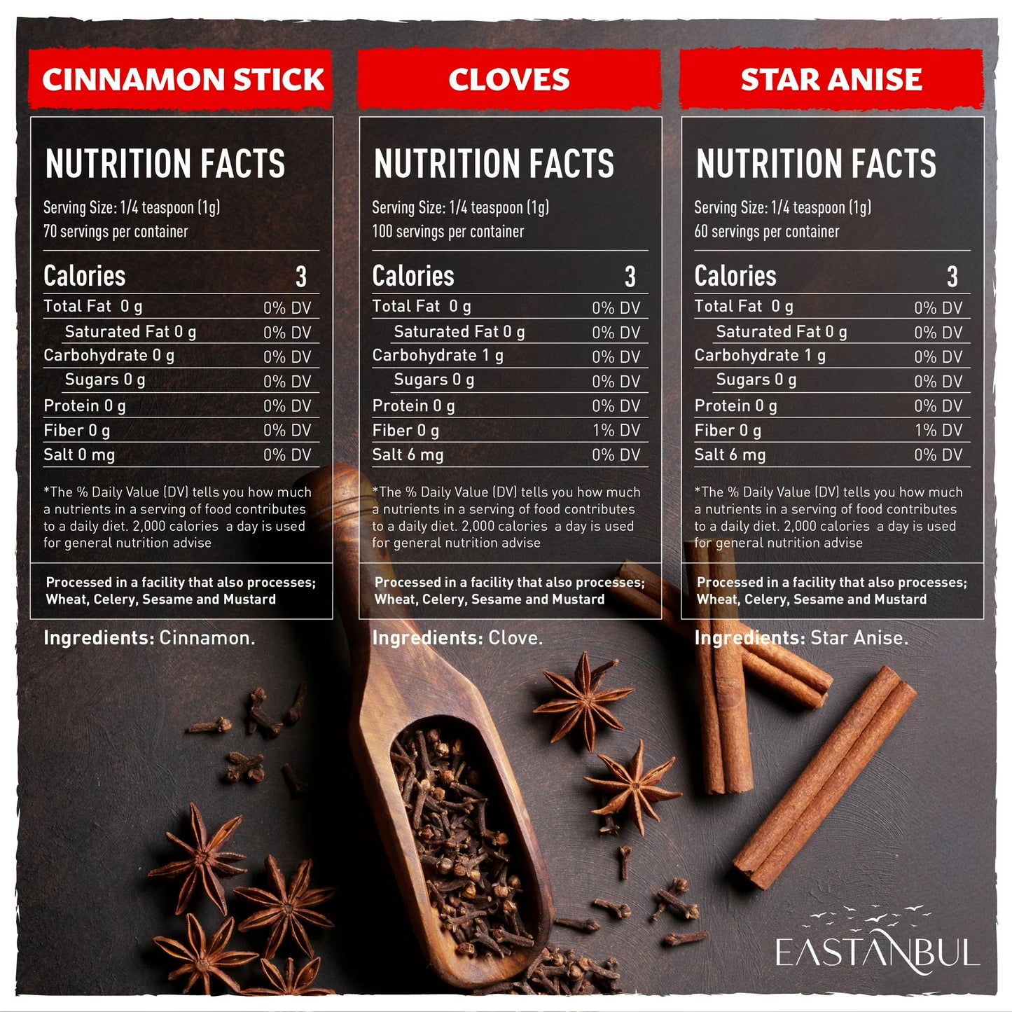 Eastanbul Cinnamon Sticks, Whole Cloves, and Star Anise, Total of 8.11oz