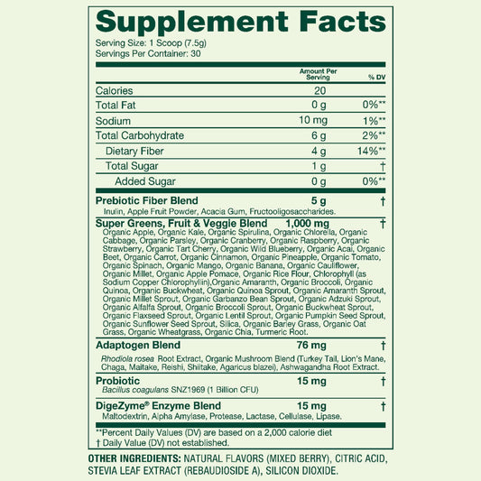 Spring Valley Daily Greens + Super Foods Digestive Health Dietary Supplement, Mixed Berry Flavor, 30 Servings, 7.94 oz