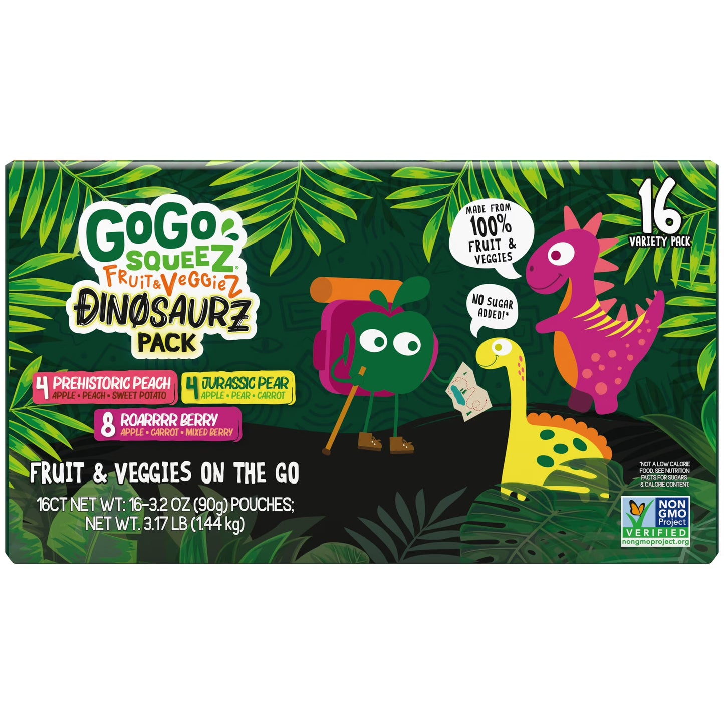 GoGo squeeZ FruitZ & VeggieZ Dino Pear Peach Carrot Applesauce Pouches, 3.2 oz (16 Pack)