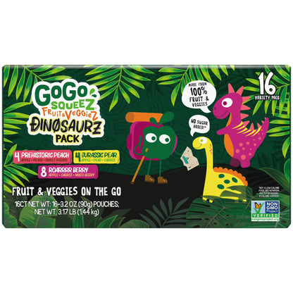 GoGo squeeZ FruitZ & VeggieZ Dino Pear Peach Carrot Applesauce Pouches, 3.2 oz (16 Pack)