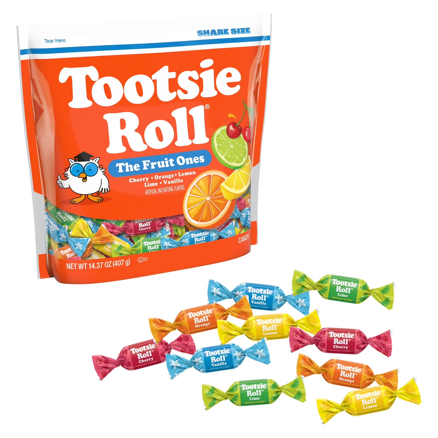 Tootsie Roll Fruit Chews, Assorted Fruit Flavors, 14.37 oz. Gluten Free, Peanut Free. Contains Milk and Soy.