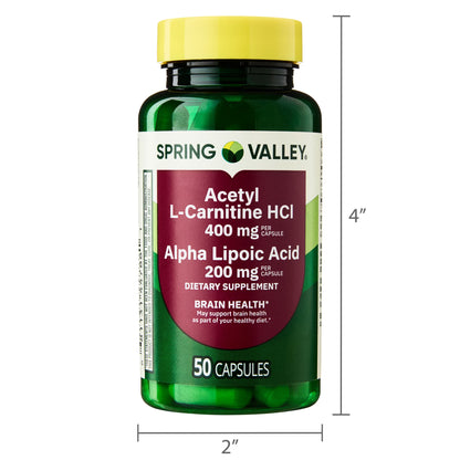 (3 pack) Spring Valley Acetyl L-Carnitine HCI 400 mg + Alpha Lipoic Acid 200 mg Capsules, 50 Count