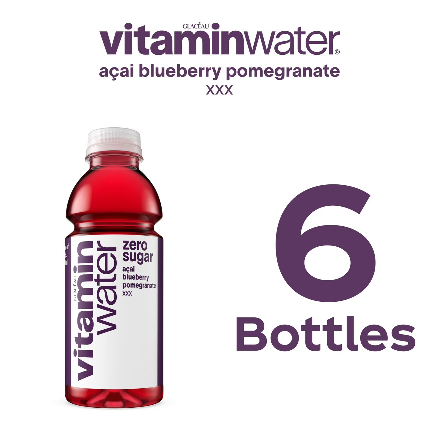 vitaminwater XXX Zero Sugar Acai-Blueberry-Pomegranate Water Beverage Bottles, 16.9 fl oz, 6 Pack