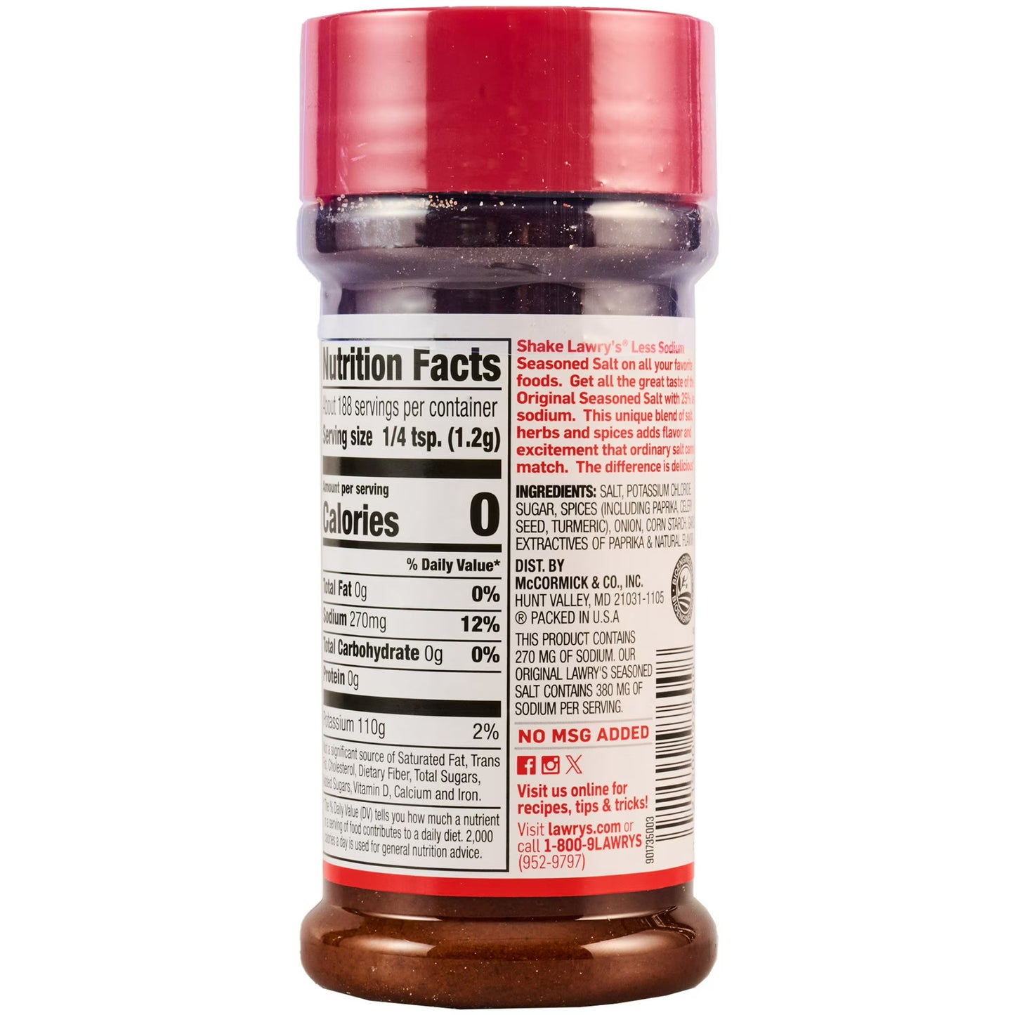 Lawry's Kosher 25% Less Sodium Seasoned Salt, 8.0 oz Bottle
