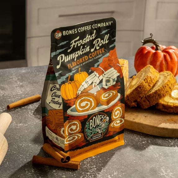 Bones Coffee Medium Roast Pumpkin Flavored Ground Coffee | 12 oz Frosted Pumpkin Roll Ground Coffee