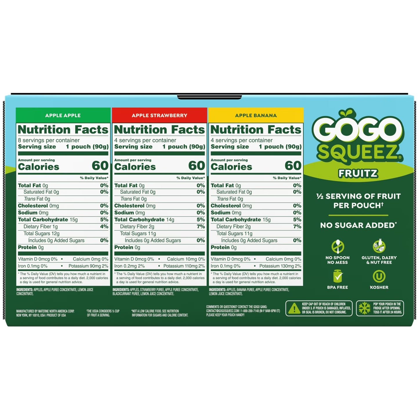 GoGo squeeZ No Sugar Added Banana Strawberry Applesauce Variety Pouches, 3.2 oz (16 Pack)