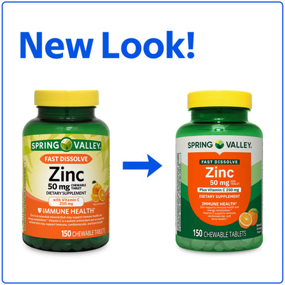 Spring Valley Fast Dissolve Zinc with Vitamin C, Chewable Tablets, Orange, 150 Count