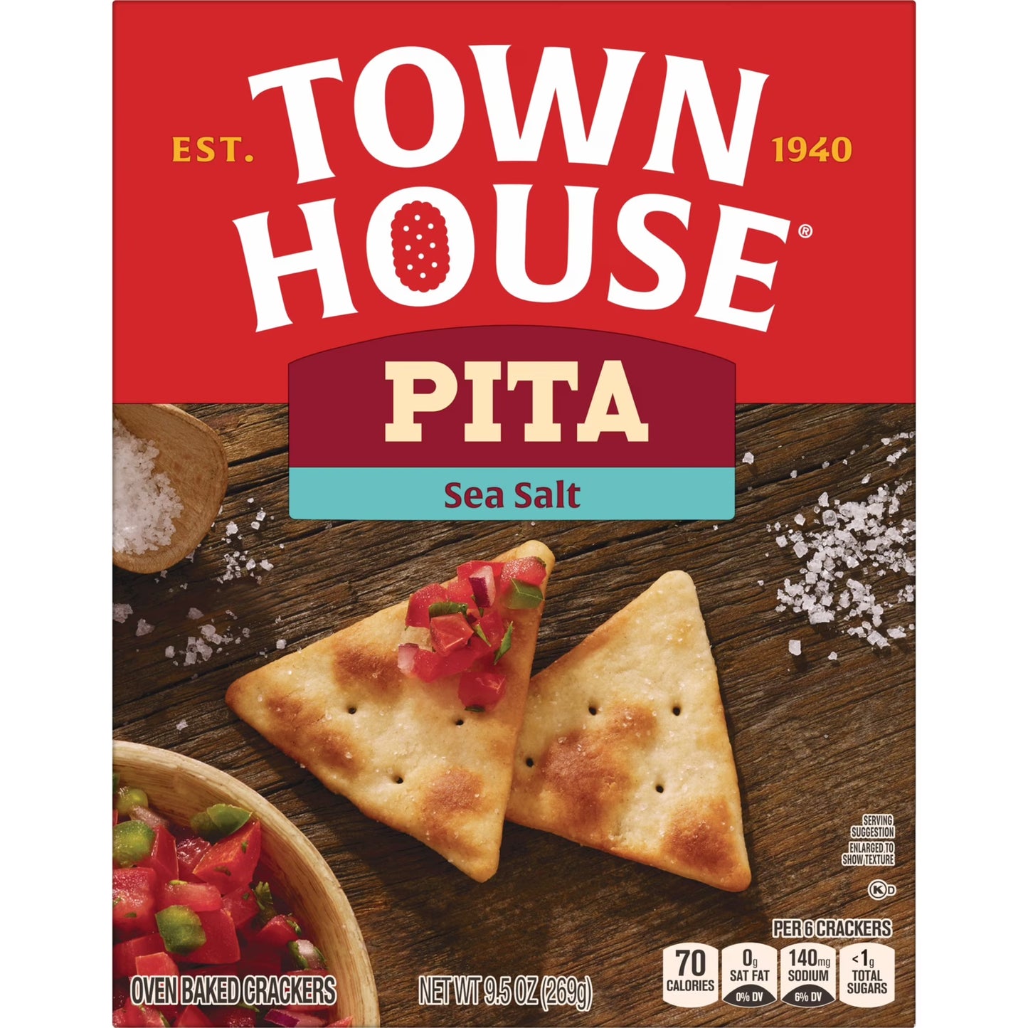 Town House Pita Sea Salt Oven Baked Crackers, Salty Snacks, 9.5 oz