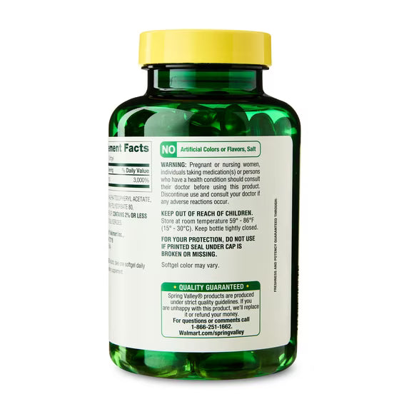Spring Valley Extra Strength Water Dispersible Vitamin E Supplement Softgels for Heart Health, 450 mg (1,000 IU), 100 Count