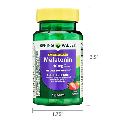 Spring Valley Fast-Dissolve Melatonin Sleep Support Dietary Supplement Tablets, Strawberry, 10 mg, 120 Count