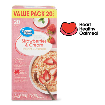 (4 pack) Great Value Strawberries & Cream Instant Oatmeal Value Pack, 1.05 oz, 20 Count