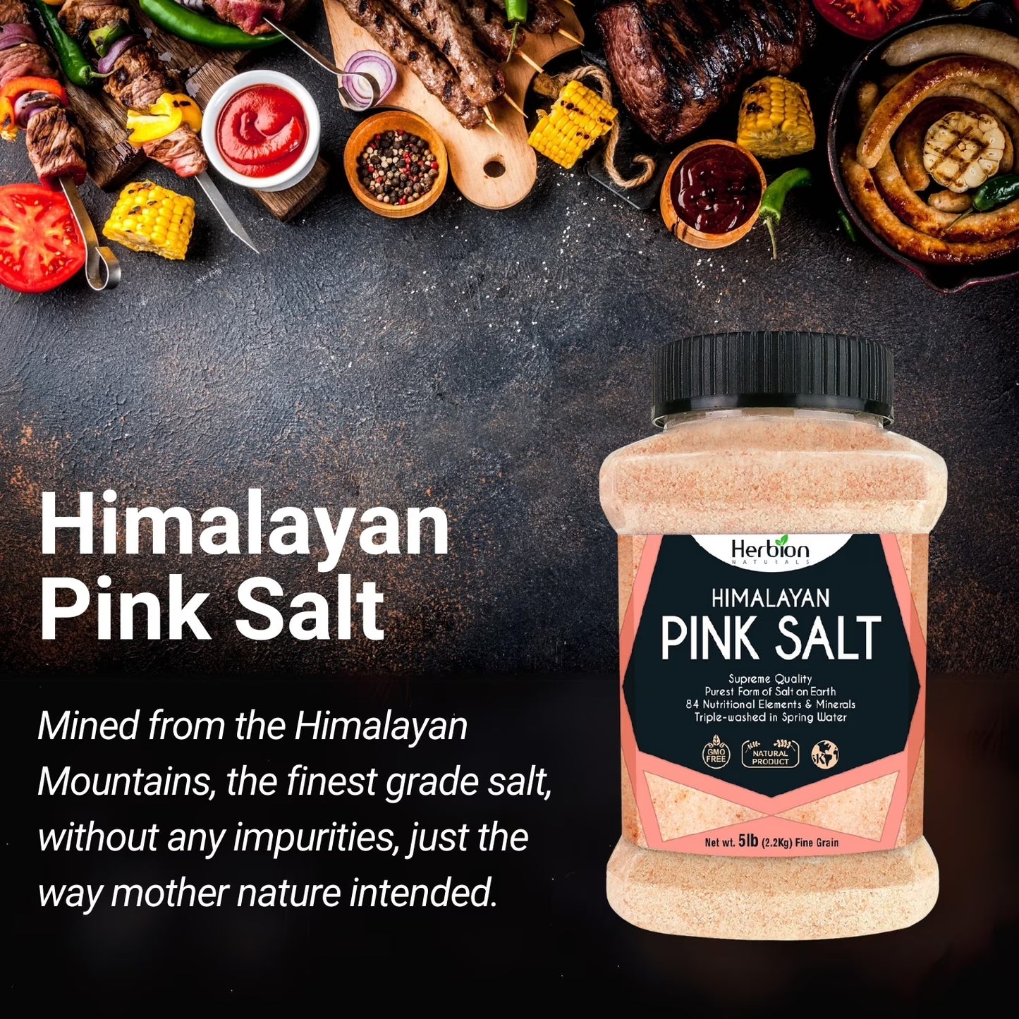 Herbion Himalayan Pink Salt, Fine Grain, 5 lb (2.2 Kg) Jar, All-Natural, Vegan, Kosher Certified, Triple-Washed