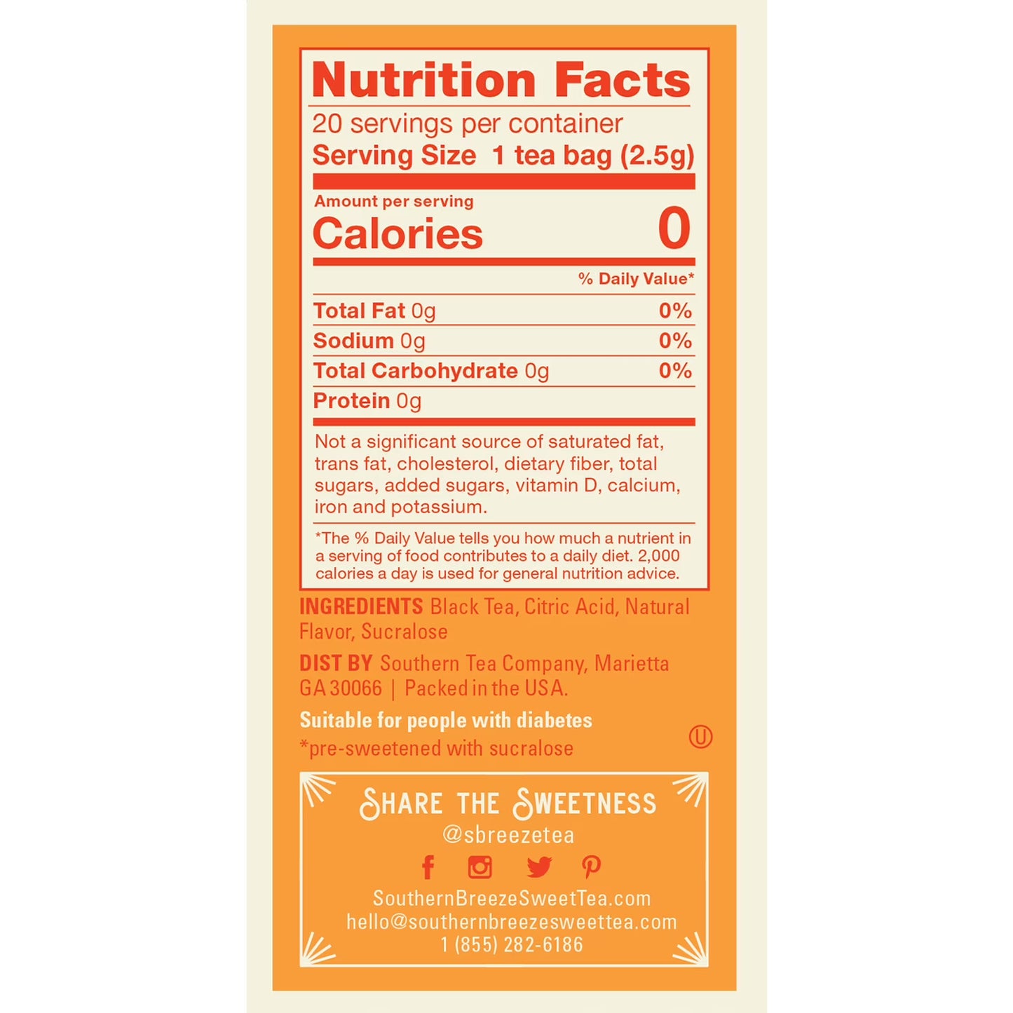 Southern Breeze Cold Brew Sweet Tea Mango Iced Tea with Black Tea and Zero Carbs Zero Sugar, 20 Individually Wrapped Tea Bags Southern Sweet Tea Iced Tea Beverage