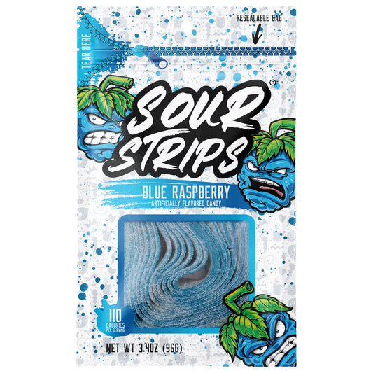 Sour Strips Blue Raspberry Flavored Chewy, Sour Candy Bag, 3.4 oz