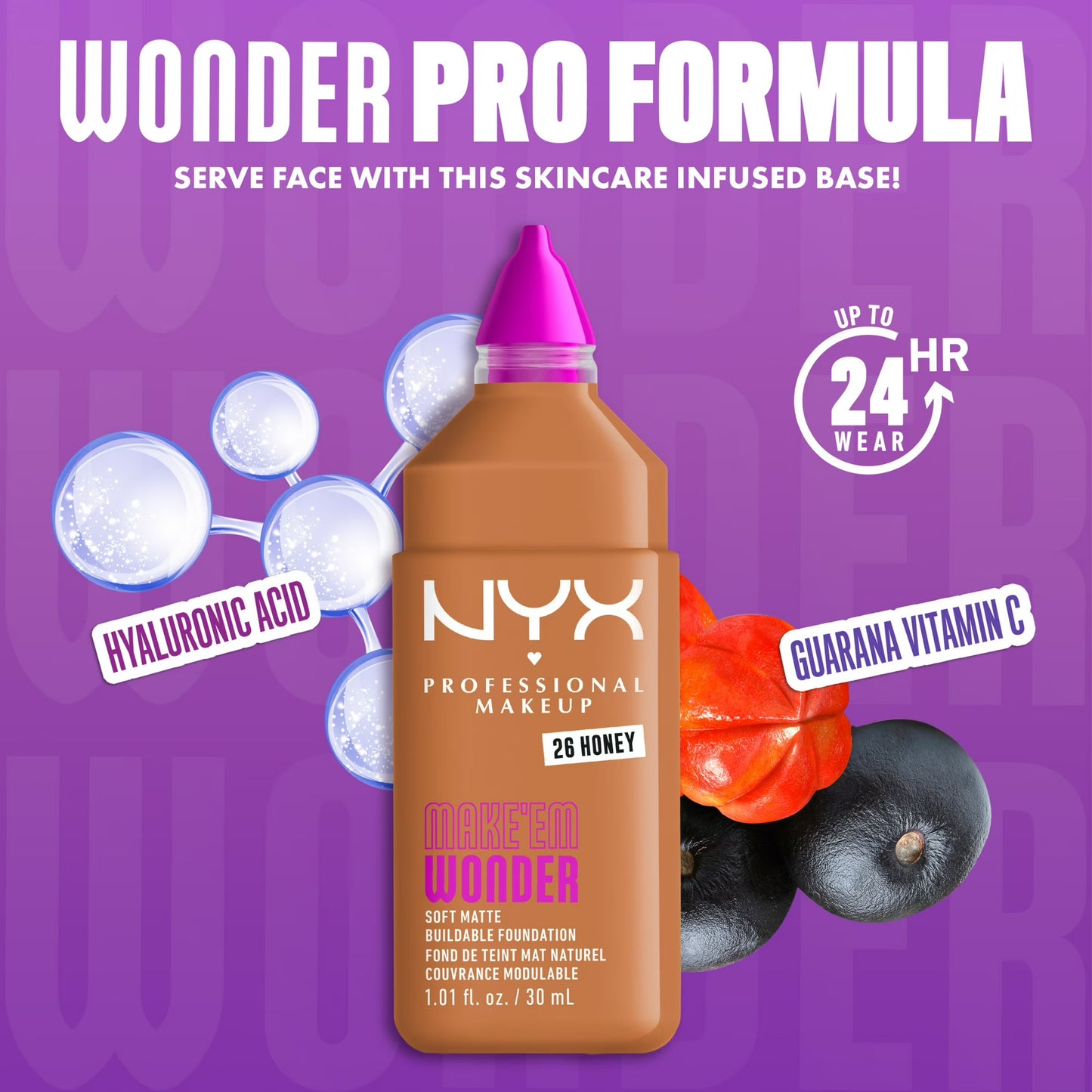 NYX Professional Makeup Make 'EM Wonder, 24H Soft Matte Foundation Makeup, HONEY 26