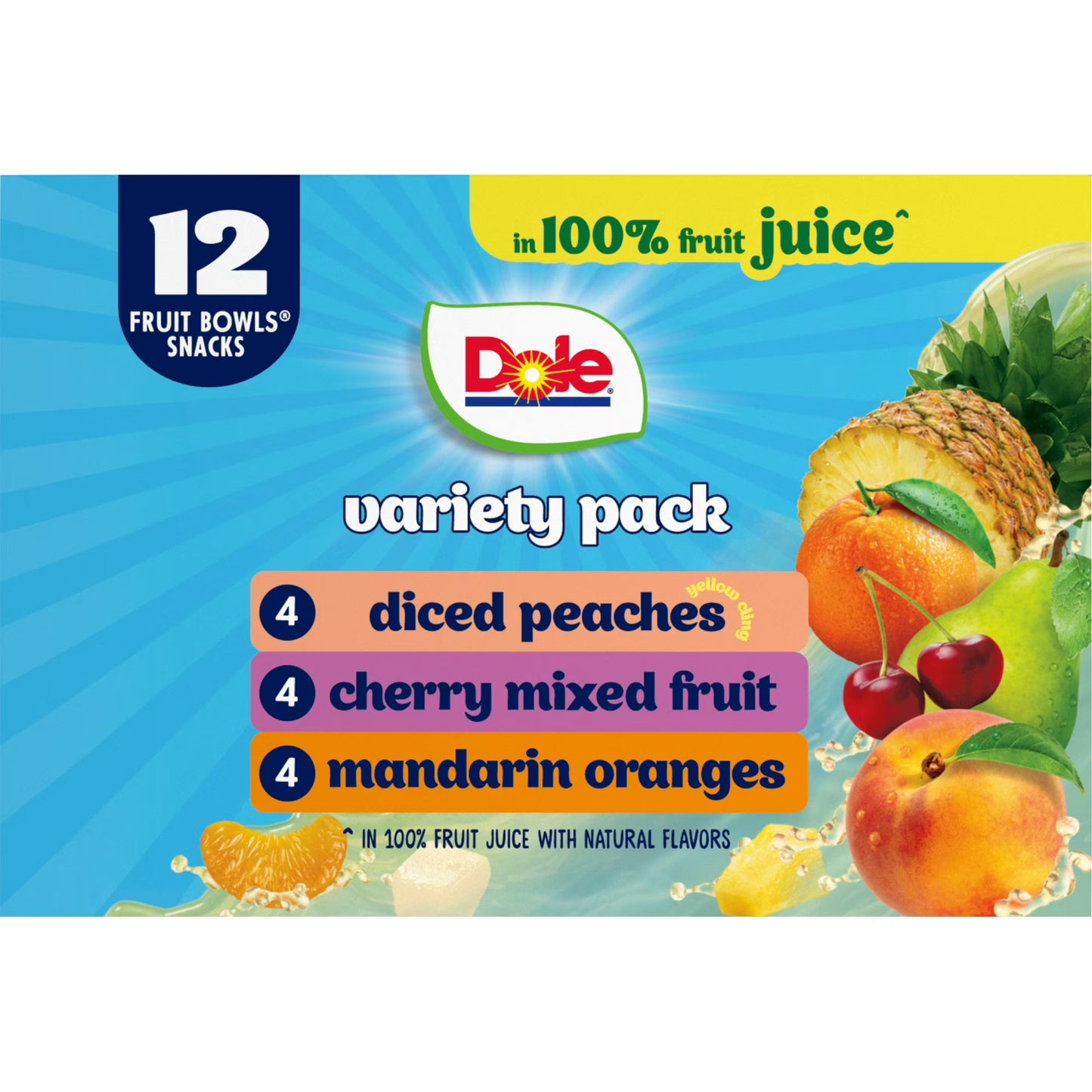 Dole Fruit Bowls Peaches, Mandarin Oranges, Cherry Mixed Fruit in 100% Fruit Juice, 4 oz (12 Pack)