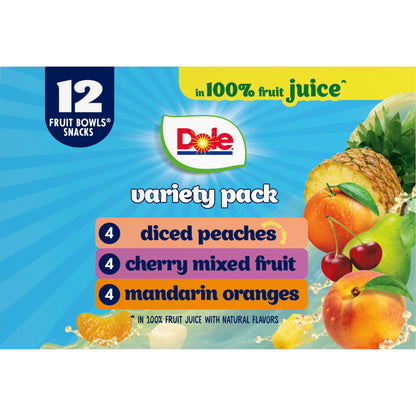 Dole Fruit Bowls Peaches, Mandarin Oranges, Cherry Mixed Fruit in 100% Fruit Juice, 4 oz (12 Pack)