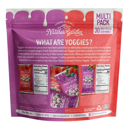 Probiotic Yoggies Multi Pack, 21oz (Strawberry Yoggies 15x0.7 oz +Mixed Berry Yoggies 15x0.7 oz), Strawberry and Mixed Berry Yogurt Covered Snack, High Fiber, Real Fruit Pieces, No Artificial Ingredients, Healthy Snack for Adults