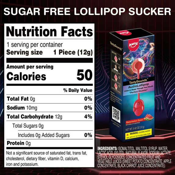 Amos Tasty Sound Lollipops Watermelon, Natural Flavored Music Lollipop 0.42oz