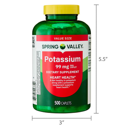 Spring Valley Potassium Dietary Supplement Caplets for Heart Health, 99 mg, 500 Count Value Size