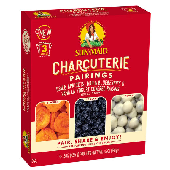 Sun-Maid Charcuterie Pairings Dried Apricots, Dried Blueberries & Vanilla Yogurt Covered Raisins, 4.5 oz