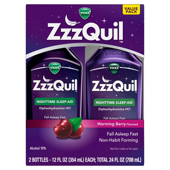 ZzzQuil Liquid Sleep Aid, Diphenhydramine 50mg HCl, Warming Berry Flavored, 2 Pack, 24 fl oz
