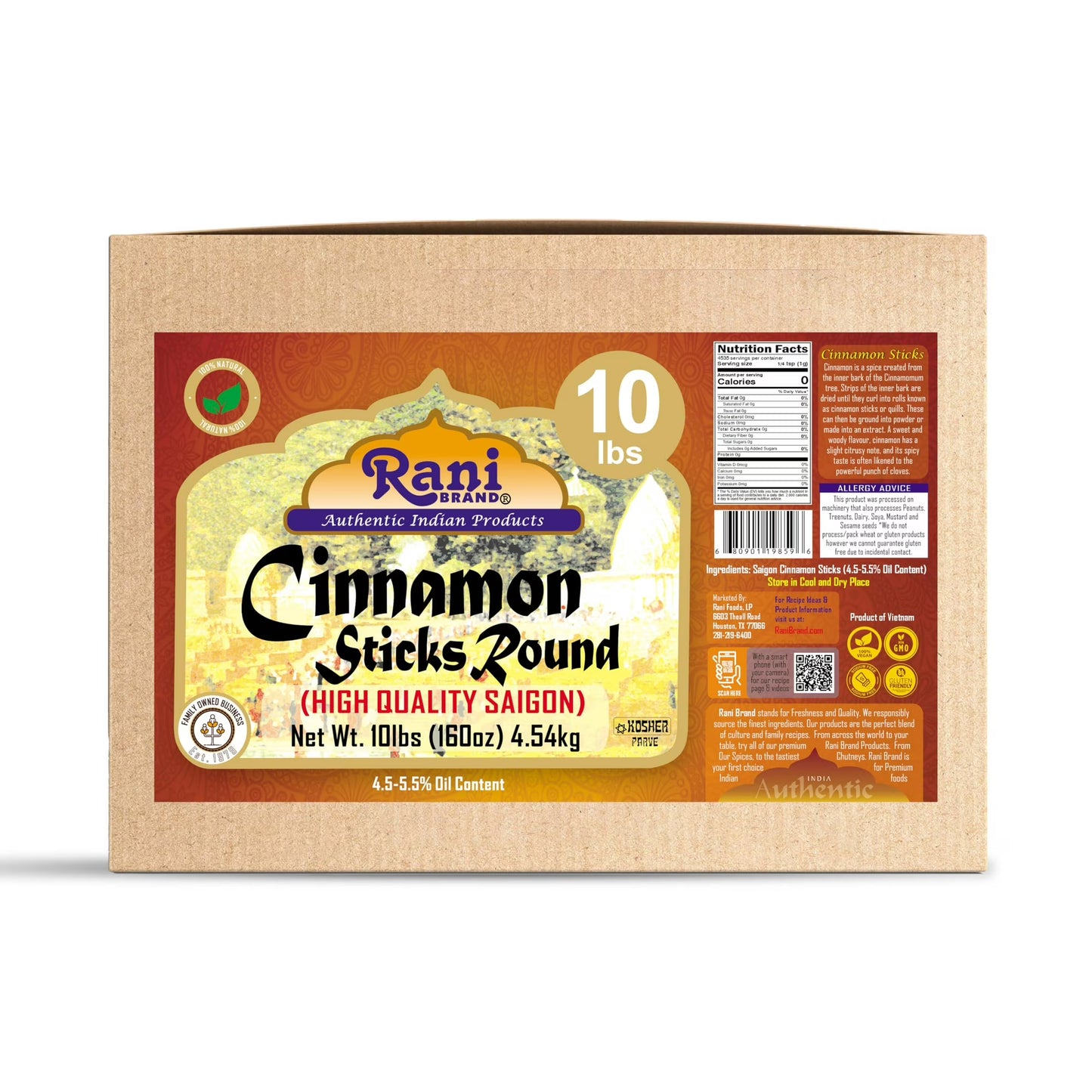 Rani Cinnamon Sticks 160oz (10lbs) 4.54kg Bulk Box - 875-1000 Sticks - Strong Aroma, Perfect for Baking, Cooking & Beverages | 3+ Inches Length - Cassia Saigon Cinnamon from Vietnam | Kosher