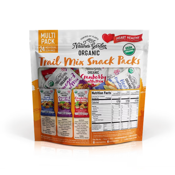 Nature's Garden Organic Trail Mix Snack Packs 28.8oz (1.2oz x 24) - Pack of 4 - Heart Healthy, Omega-3 Deluxe, Cranberry Health Mix – USDA Organic, Vegan, Kosher, Plant-Based Energy Snack