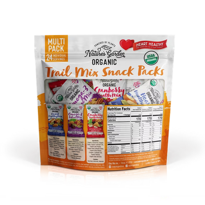 Nature's Garden Organic Trail Mix Snack Packs 28.8oz (1.2oz x 24) - Pack of 4 - Heart Healthy, Omega-3 Deluxe, Cranberry Health Mix – USDA Organic, Vegan, Kosher, Plant-Based Energy Snack