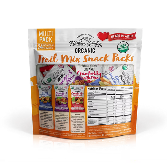 Nature's Garden Organic Trail Mix Snack Packs 28.8oz (1.2oz x 24) - Pack of 4 - Heart Healthy, Omega-3 Deluxe, Cranberry Health Mix – USDA Organic, Vegan, Kosher, Plant-Based Energy Snack