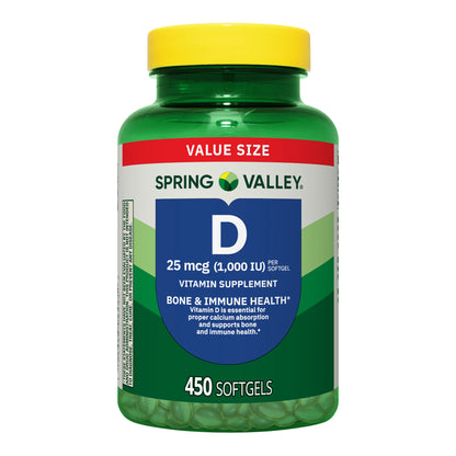 (3 pack) Spring Valley Vitamin D3 Softgels, 25 mcg (1000 IU), 450 Count, Supplement for Bone and Immune Health
