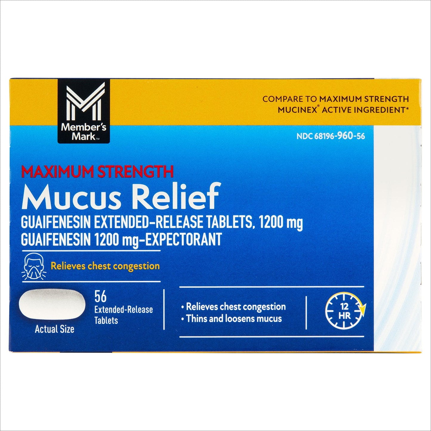 Member's Mark 12-Hour Maximum Strength Chest Congestion Expectorant Tablets, 1200 mg Guaifenesin, 56 ct.