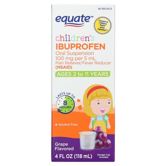 Equate Children's Pain Reliever/Fever Reducer Ibuprofen Oral Suspension, Grape Flavor, 100 mg, 4 fl oz