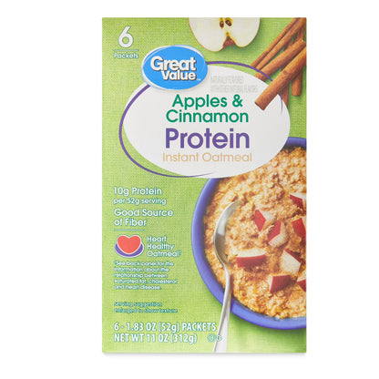 (6 pack) Great Value Apples & Cinnamon Protein Instant Oatmeal, 1.83 oz, 6 Count