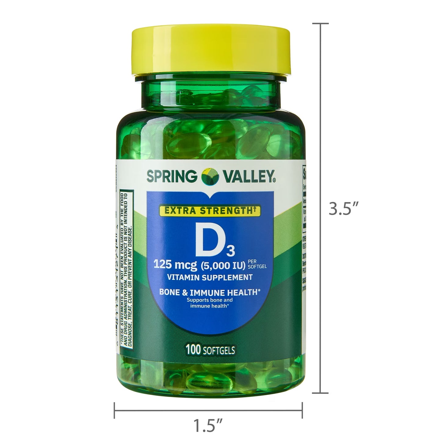 Spring Valley Extra Strength Vitamin D3 Softgels, 125 mcg (5000 IU), 100 Count, Supplement for Bone and Immune Health