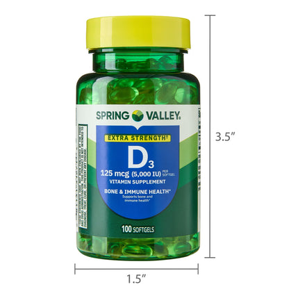 Spring Valley Extra Strength Vitamin D3 Softgels, 125 mcg (5000 IU), 100 Count, Supplement for Bone and Immune Health