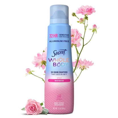 Secret Whole Body Deodorant Spray for Women, Rosewater Scent, Aluminum Free Deodorant, 72 HR Odor Protection, 3.5oz