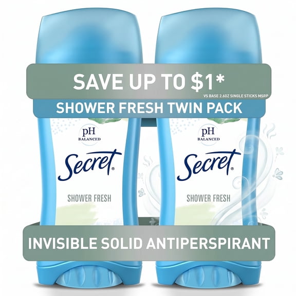Secret Antiperspirant Deodorant for Women, Invisible Soild, Shower Fresh, 2.6 oz Each, 2 Pack