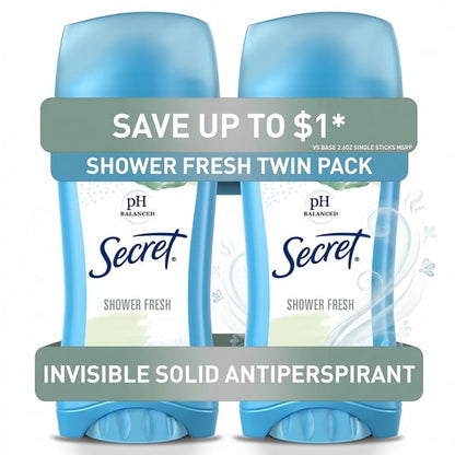 Secret Antiperspirant Deodorant for Women, Invisible Soild, Shower Fresh, 2.6 oz Each, 2 Pack
