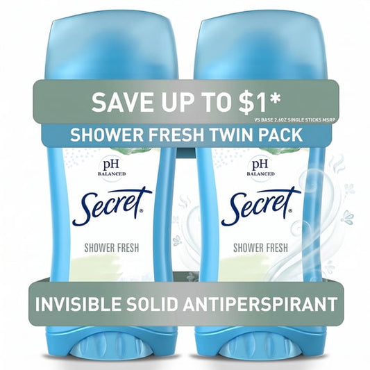 Secret Antiperspirant Deodorant for Women, Invisible Soild, Shower Fresh, 2.6 oz Each, 2 Pack