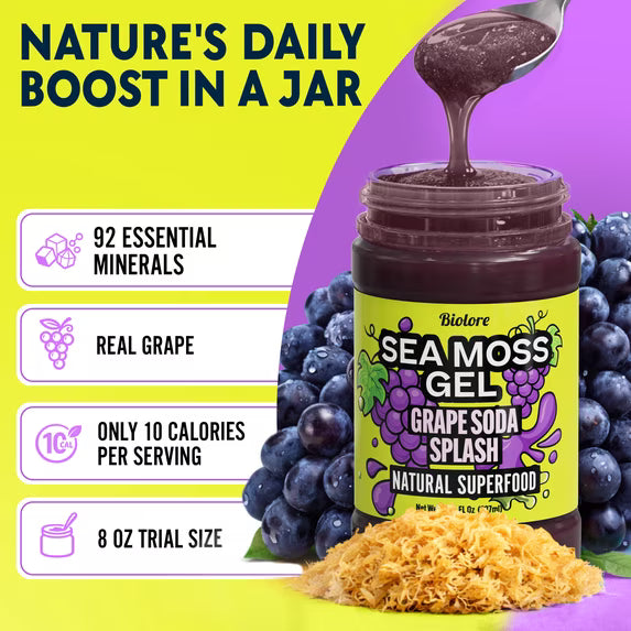 Biolore Grape Splash Sea Moss Gel, 8 oz – No Added Sugar, Vegan, Ready-to-Use Wildcrafted Sea Moss Gel with Monk Fruit, Smoothie & Food Add-In