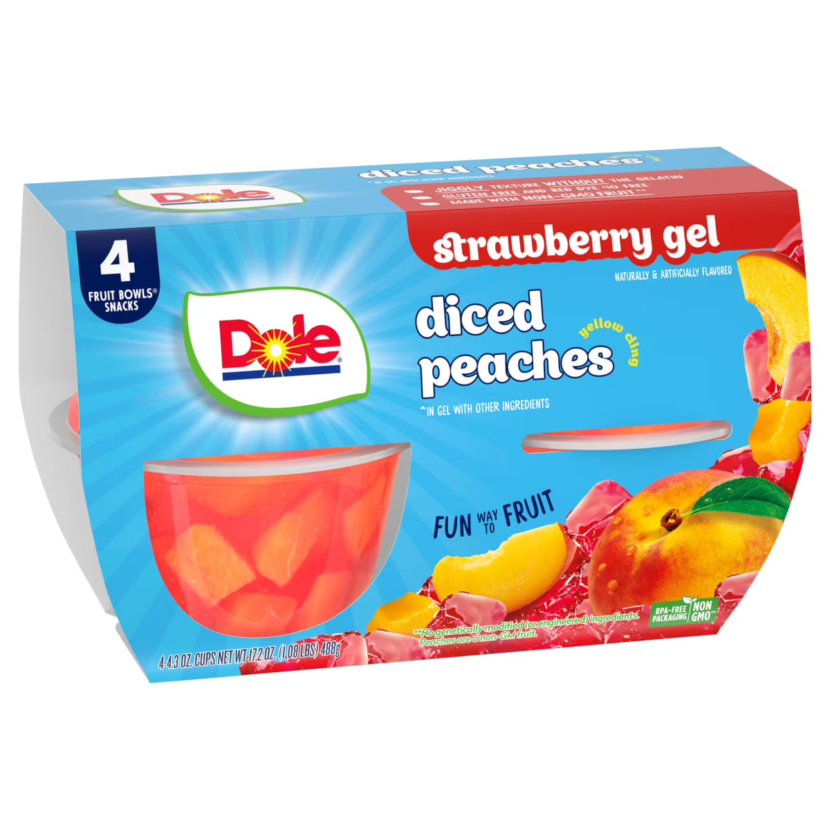 (4 pack) Dole Fruit Bowls Diced Peaches in Strawberry Gel, 4.3 oz Cups (4 Pack)
