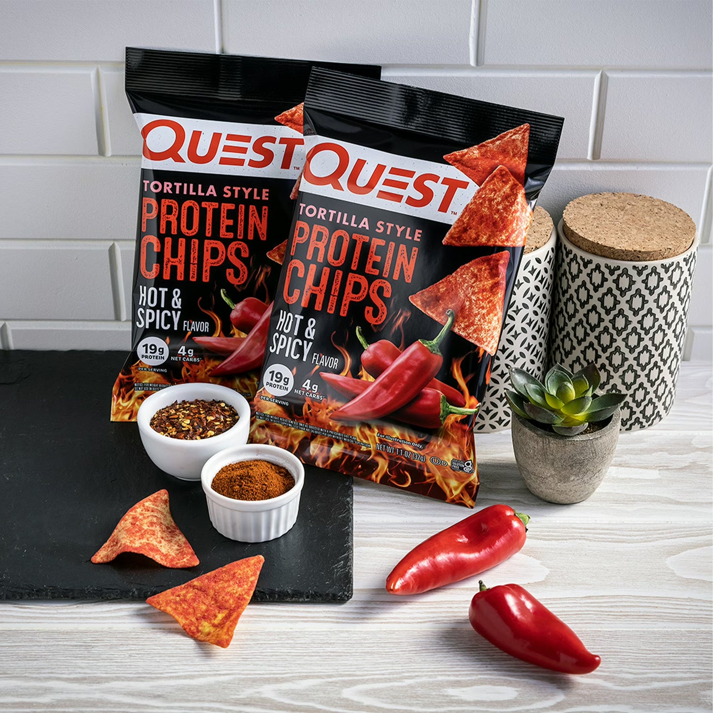 Quest Tortilla Style Protein Chips with 19g of Protein, Hot & Spicy Flavor, 1.1 Oz Bags, 8 Count