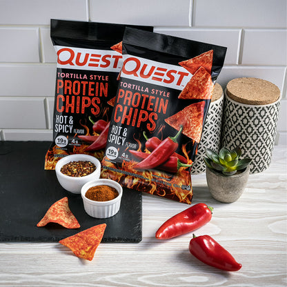 Quest Tortilla Style Protein Chips with 19g of Protein, Hot & Spicy Flavor, 1.1 Oz Bags, 8 Count