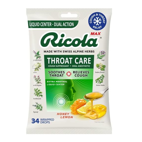 Ricola Max Throat Care Honey Lemon Cough Drops for Sore Throat + Cough Relief, Value Pack, 34 Count