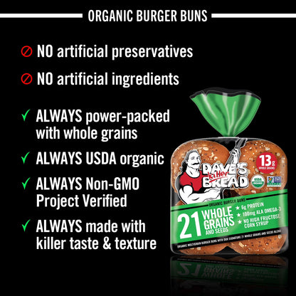 Dave's Killer Bread 21 Whole Grains and Seeds Organic Hamburger Buns, 8 Count, Shelf-Stable
