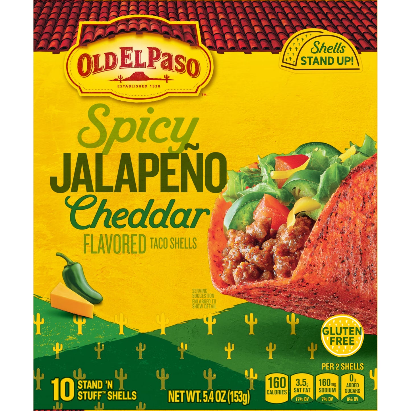 (3 pack) Old El Paso Spicy Jalapeno Cheddar Flavored Stand 'N Stuff Taco Shells, 10 Count, 5.4 oz