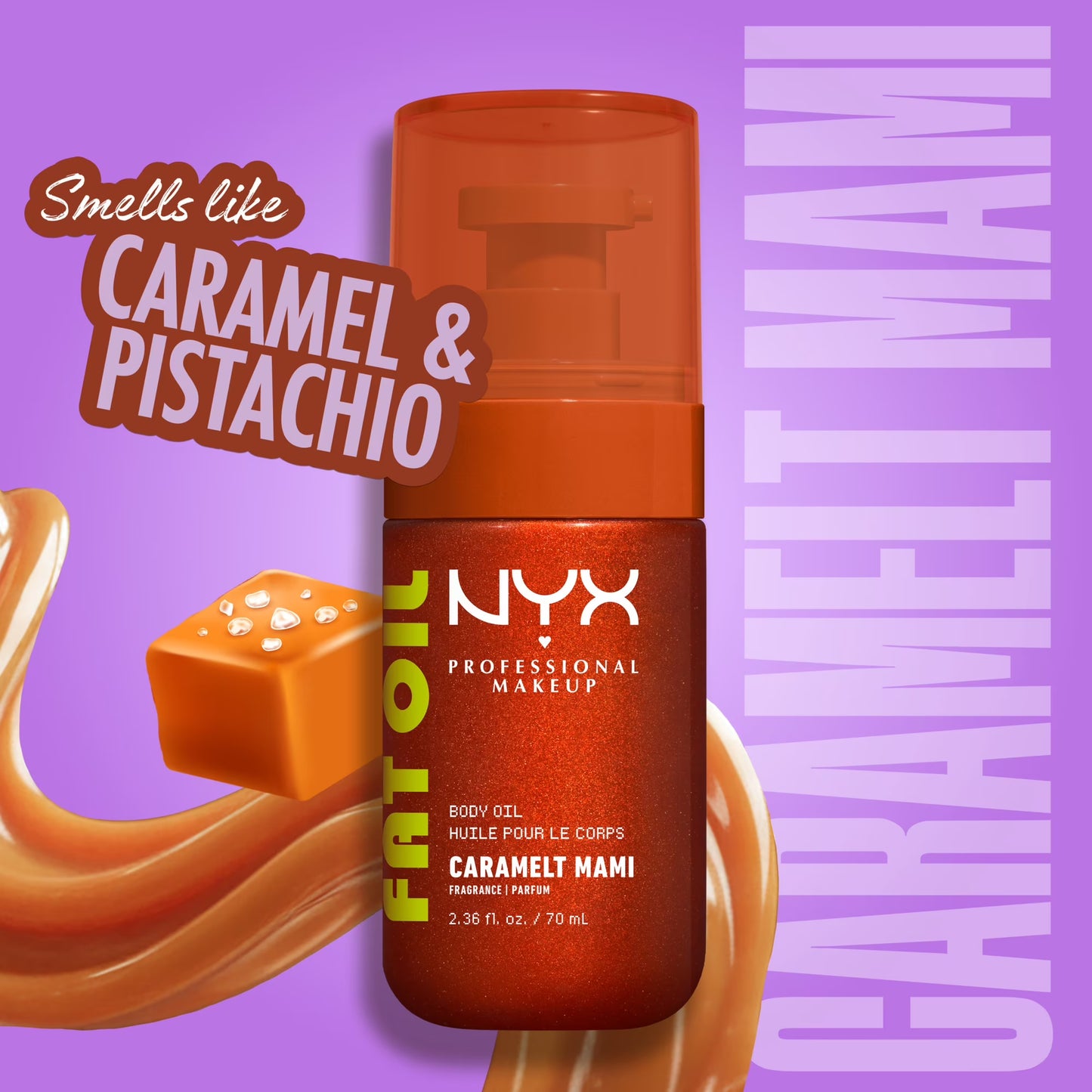 NYX Professional Makeup Fat Oil Hydrating Body Oil for Body Glow with Avocado Oil & Vitamin C, Caramelt Mami, 2.36 fl oz
