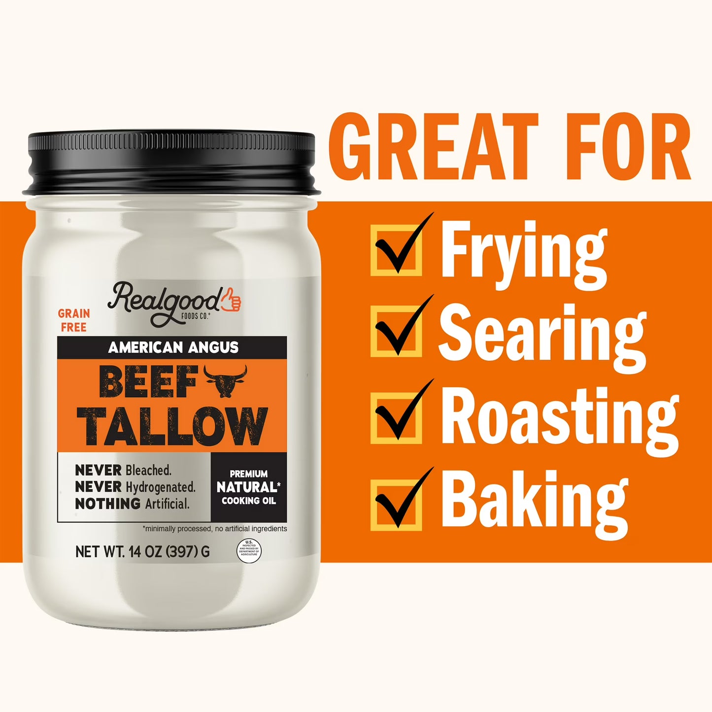 Real Good Foods Co. American Angus Beef Tallow Oil, 14oz Glass Jar