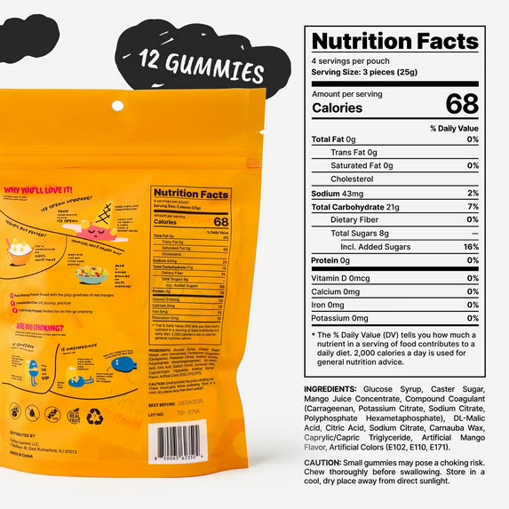 TwoFourSix Mango Gummy Candy, Soft and Chewy, 3.6 oz Bags, 2-Pack
